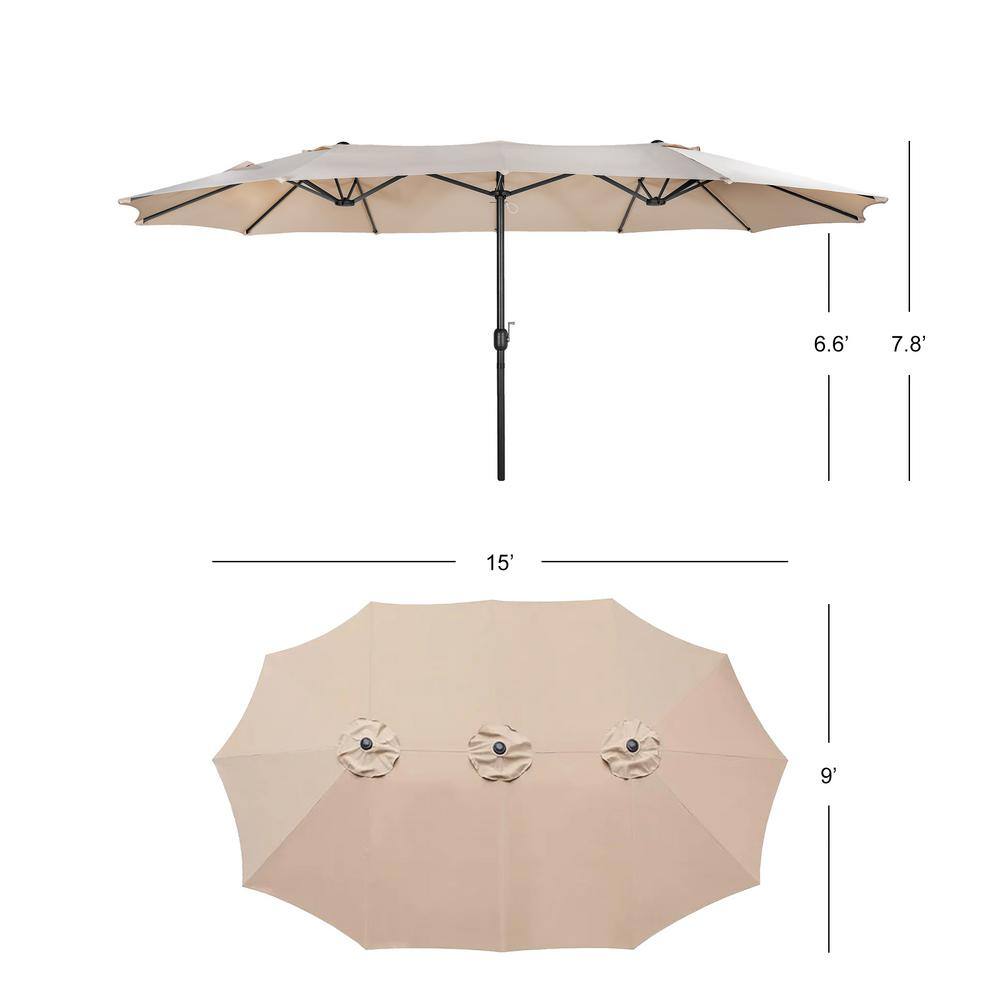 Gray 15' x 9' Double-Sided Outdoor Patio Umbrella with Hand-Crank Lift