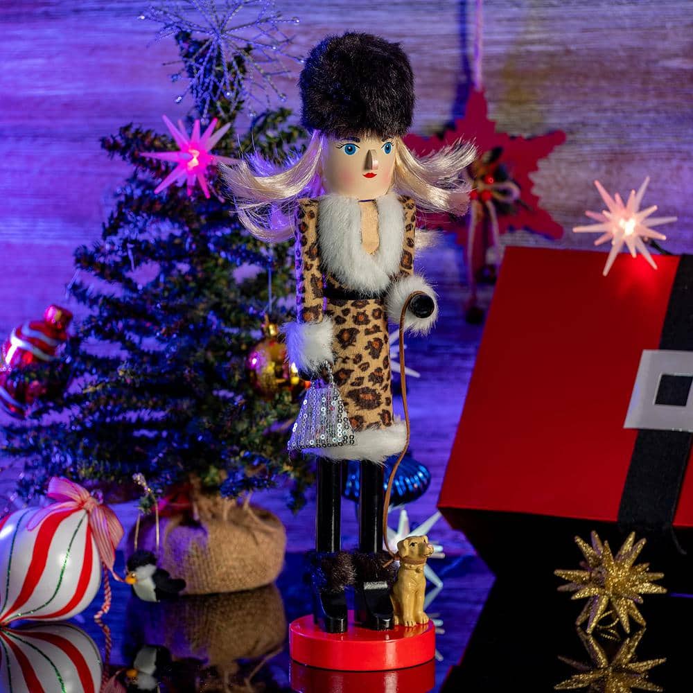 15" Leopard Print and Fur Christmas Nutcracker with Puppy