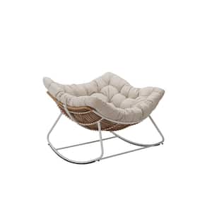 White Metal Outdoor Rocking Chair with Beige Cushions (1 Pack)