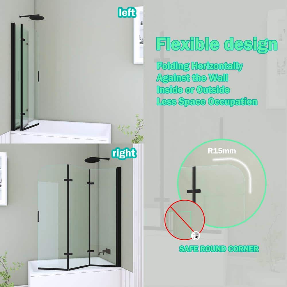 51'' Black Aluminum Frameless Folding Tub Door with Clear Tempered Glass