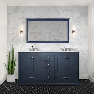 Dukes 60 in. W x 22 in. D Navy Blue Double Bath Vanity, Carrara Marble Top, Faucet Set, and 58 in. Mirror