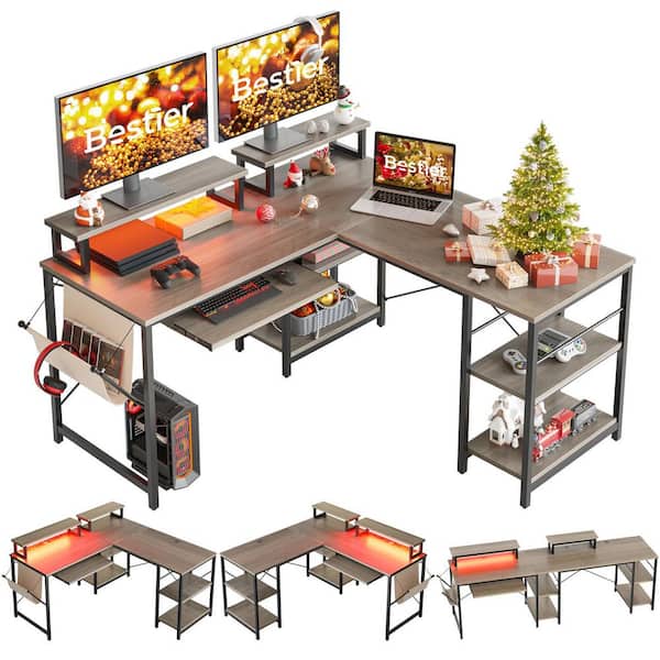 Bestier L Shaped Desk LED 95.2 Inch Computer Corner Desk with Keyboard Tray Monitor Stand Wash Grey
