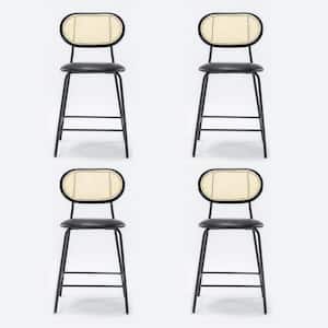 38.5 in. Set of 4 Black Wood Rattan Back Faux Leather Counter Stools with Metal Frame