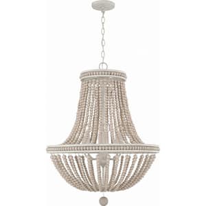 6-Light Matte Black Transitional Chandelier with White Wood Beads, E12 Base, No Bulbs Included