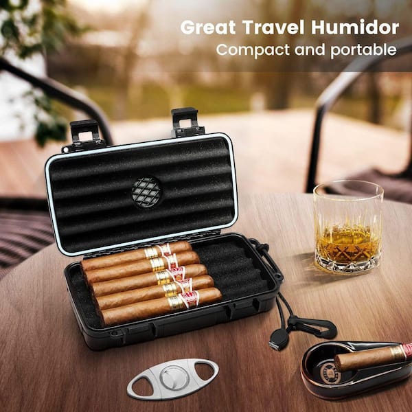 cigarette humidor Unbranded 8.8 in. W x 2.09 in. H Black ABS Travel Cigar Humidor Case  Material with Humidifier Disc and Cutter SA1059B253