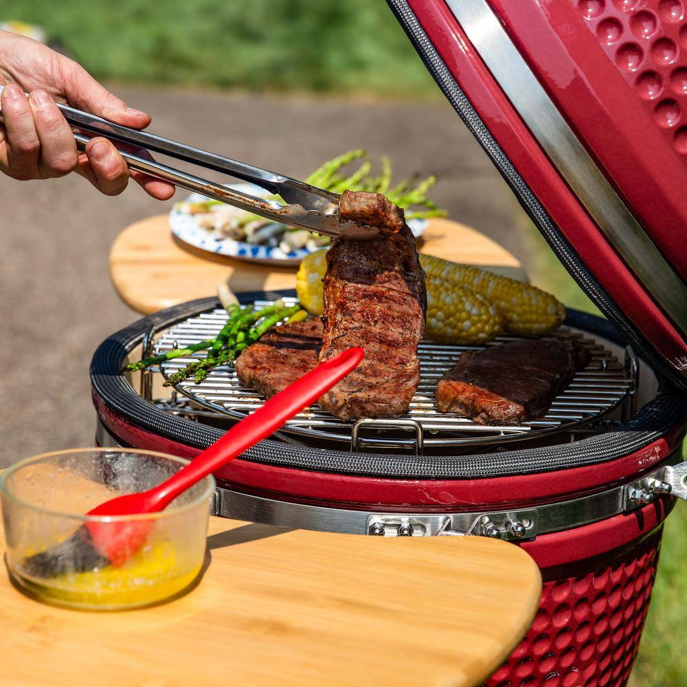 Red Ceramic Kamado Grill with Smoker and Bamboo Side Tables
