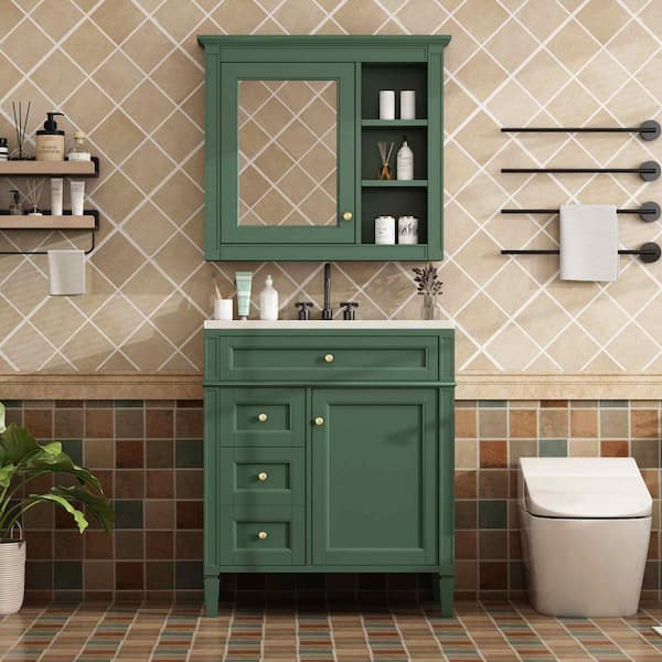 Polibi 30 in. Freestanding Green Bath Vanity with White Ceramic Top, 2-Drawers and a Tip-Out Drawer