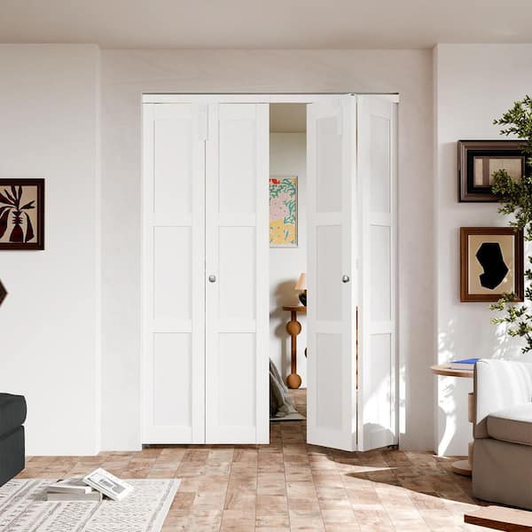 60 in. x 80 in. 3-lite Panel Solid Core White PVC Covering Wood MDF. Bi-fold Door with Locks, Handles and Hardware Kits