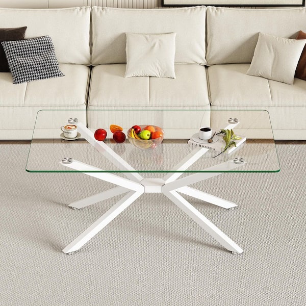 Modern Living Room Center 39 in. White/Clear Rectangle Tempered Glass Coffee Table with White Metal Legs