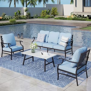 Black 5 Seat 4-Piece Metal Steel Outdoor Patio Conversation Set with Blue Cushions and Table with Marble Pattern Top