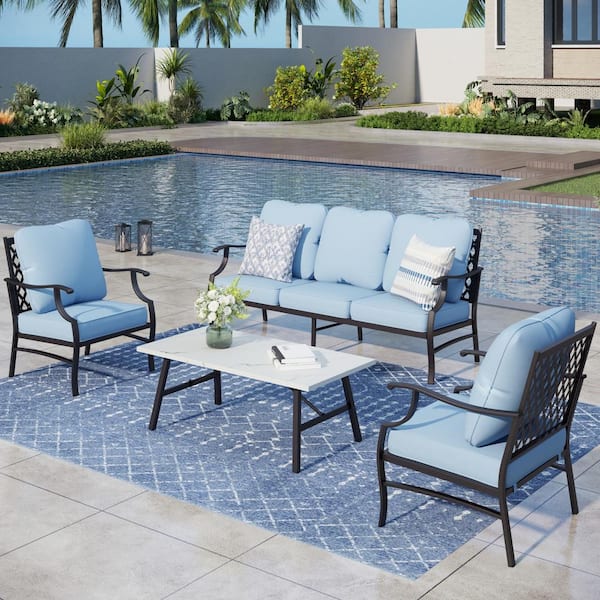 PHI VILLA Black 5 Seat 4-Piece Metal Steel Outdoor Patio Conversation Set with Blue Cushions and Table with Marble Pattern Top