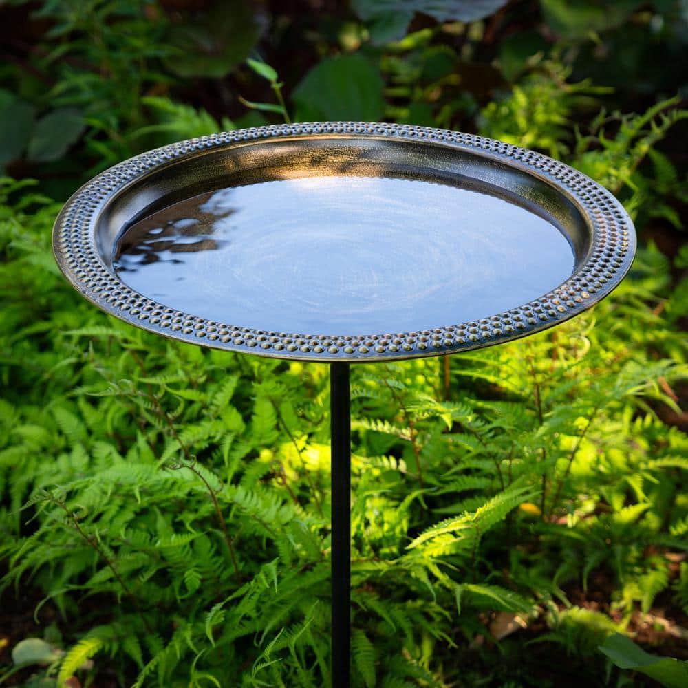 Hand-Hammered Copper Birdbath with Aged Brass Finish and Stand