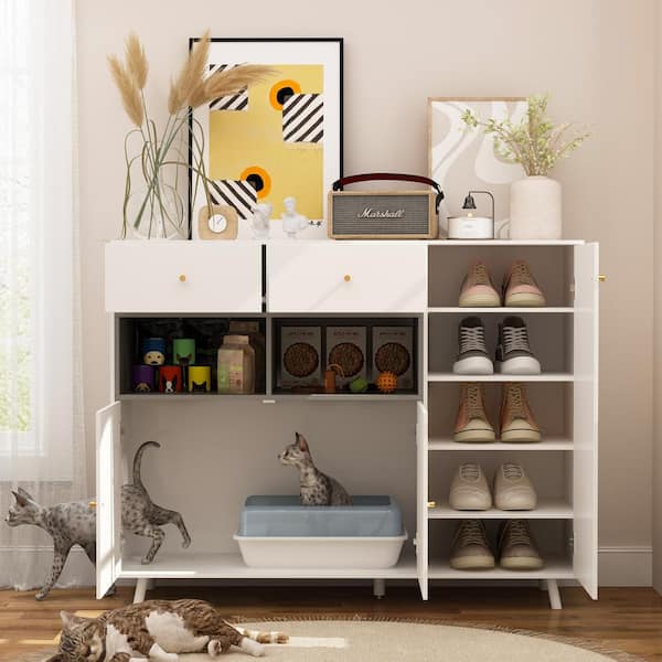 FUFU&GAGA Modern Large Cat Washroom Cabinet with Storage Shelf, Indoor Cat Litter Box Enclosure with Drawers, Decorative Pet House