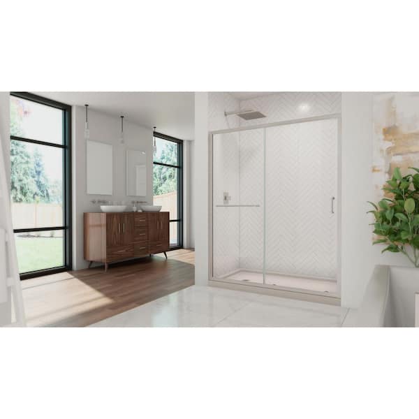 Infinity-Z 36 in. x 60 in. Semi-Frameless Sliding Shower Door in Brushed Nickel with Left Drain Shower Base in Biscuit