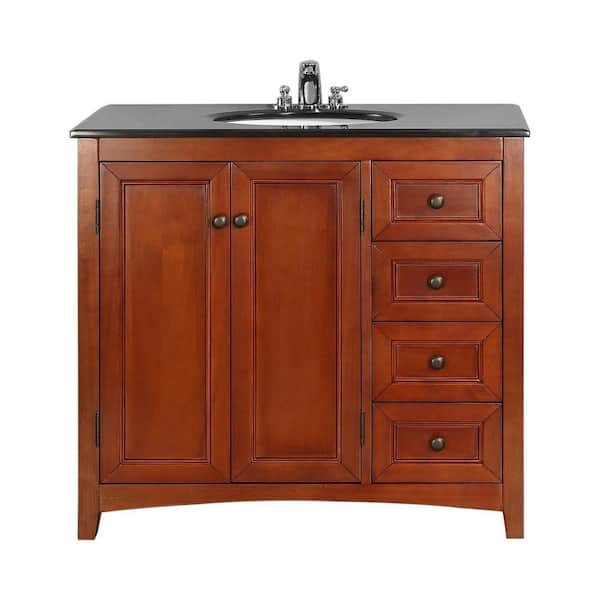 Simpli Home Yorkville 36 in. Vanity in Cinnamon Brown with Granite Vanity Top in Black and Undermounted Oval Sink-DISCONTINUED