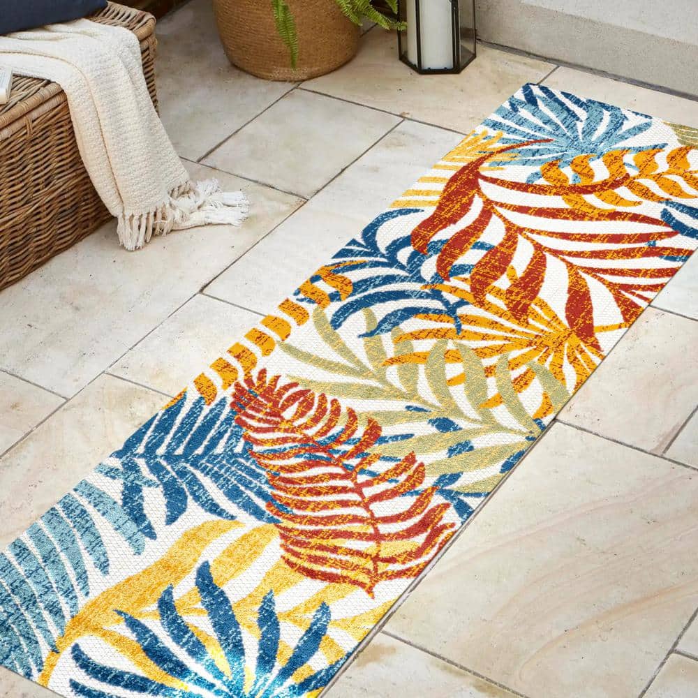 Cream and Orange Synthetic Flat Woven Runner Rug, 2 x 8 ft