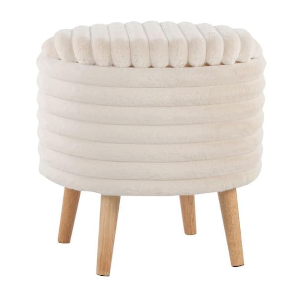 Lumisource Tray Cream Faux Fur and Natural Wood Plush Storage