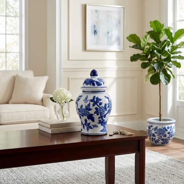 8 in. Blue and White Chinoiserie Floral Temple Jar