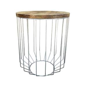 20 in. W Light Brown and Chrome Round Wooden Top Accent Side End Table with Wire Metal Base