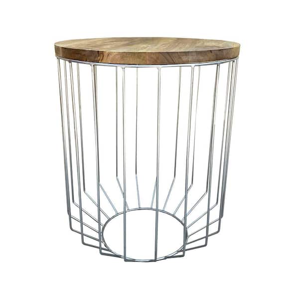 Benjara 20 in. W Light Brown and Chrome Round Wooden Top Accent Side End Table with Wire Metal Base