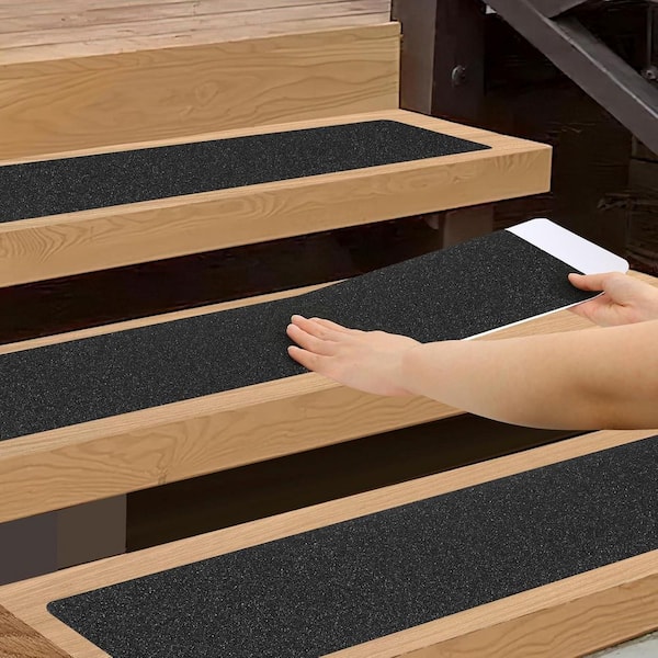 Black 6 in. x 24 in. Aluminum Oxide Stair Tread Cover Set of 5 Non-Slip Outdoor Step Strips for Wooden Steps