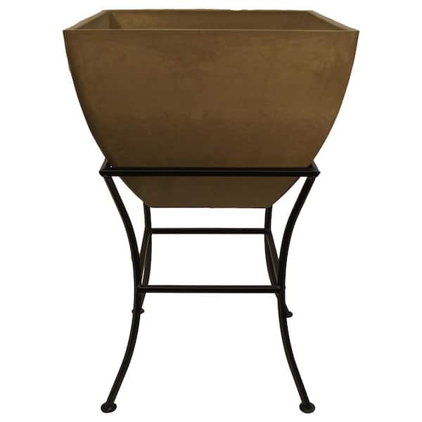 RTS Home Accents 20 in. Square Indoor/Outdoor Oak Polyethylene Planter with Wrought Iron Stand