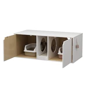 Log with White Cat Litter Box Enclosure for 2 Cats Wood Stackable Cat Washroom Storage Cabinet Bench End Table Furniture