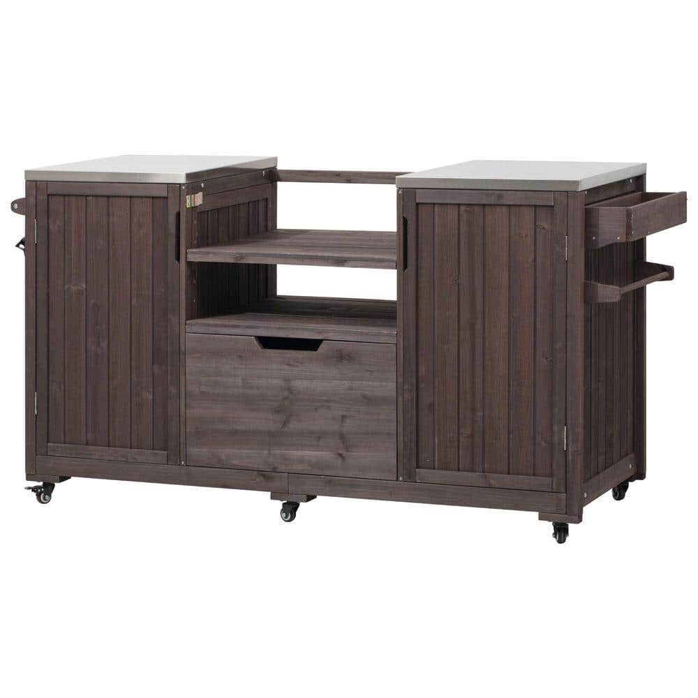 Dark Brown Stainless Steel 66.5 in. Outdoor Kitchen Island Grill Cart with 1-Drawer, Spice Rack and Adjustable Shelf