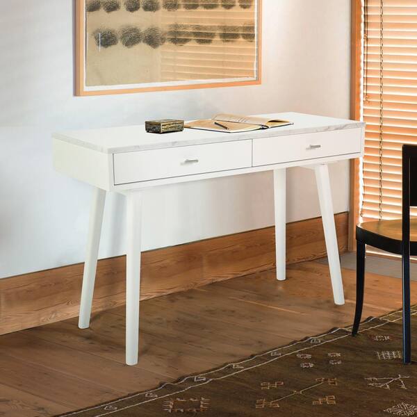 desk with white top and wood legs