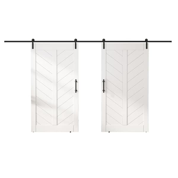 SANDING 84 in. x 84 in. MDF Sliding Barn Door with Hardware Kit, Covered with Water-Proof PVC Surface, White, V-Frame