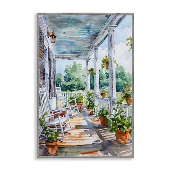 Summer Plant Filled Porch by Franklyn Gregory Gray Framed Architecture Giclee Art Print 24 in. x 16 in.