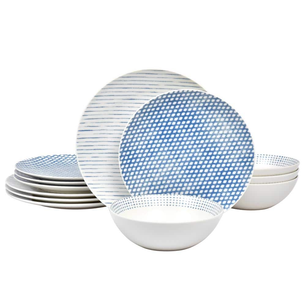 Blue and White Porcelain 12-Piece Dinnerware Set, Service for 4