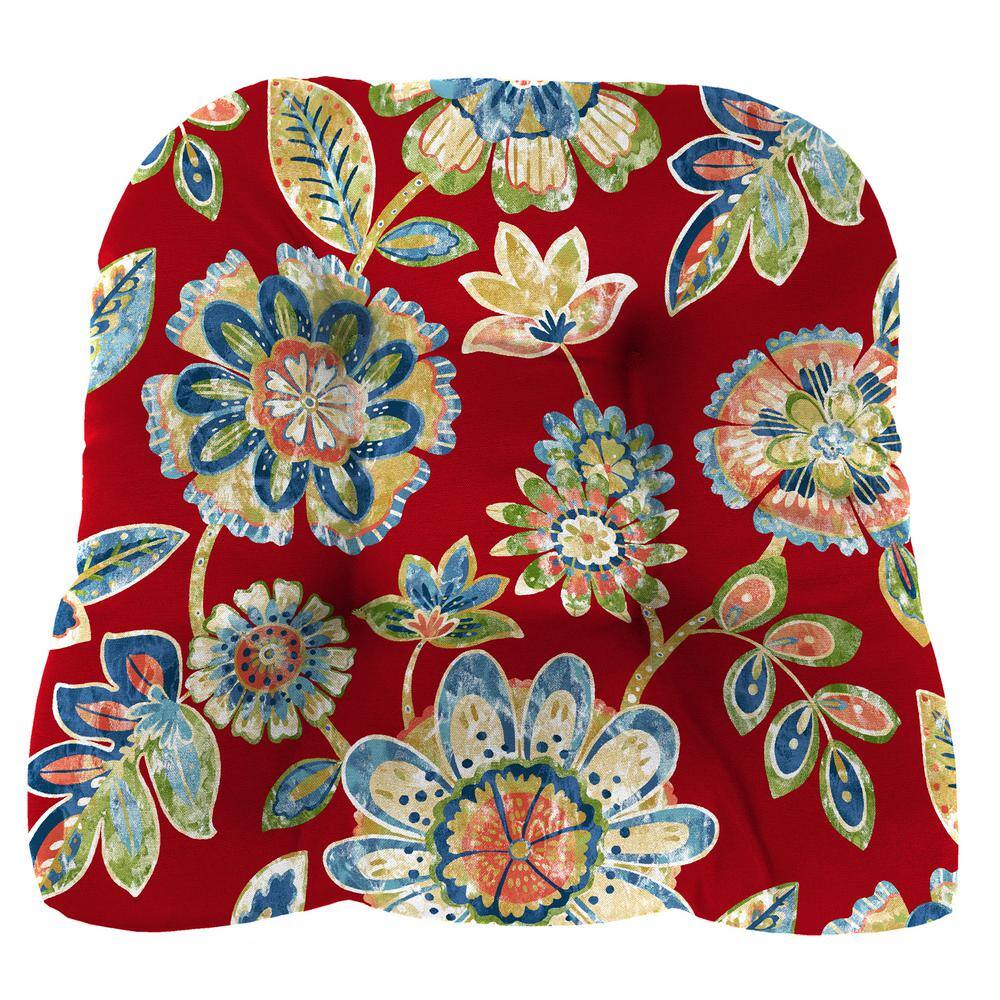 19" Red Floral Tufted Outdoor Wicker Seat Cushions (Set of 2)
