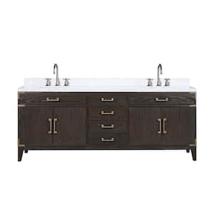 Fossa 84 in W x 22 in D Brown Oak Double Bath Vanity, Carrara Marble Top, and Faucet Set