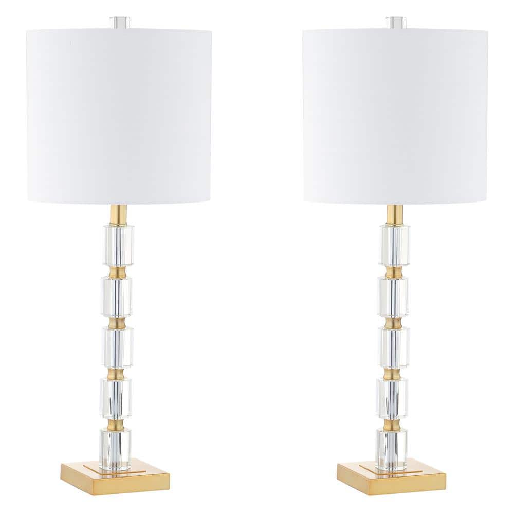 Elegant White Linen Shade Crystal LED Table Lamp Set, 28.5" Height