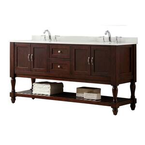 Mission Turnleg 70 in. Double Vanity in Dark Brown with Marble Vanity Top in White with White Basin