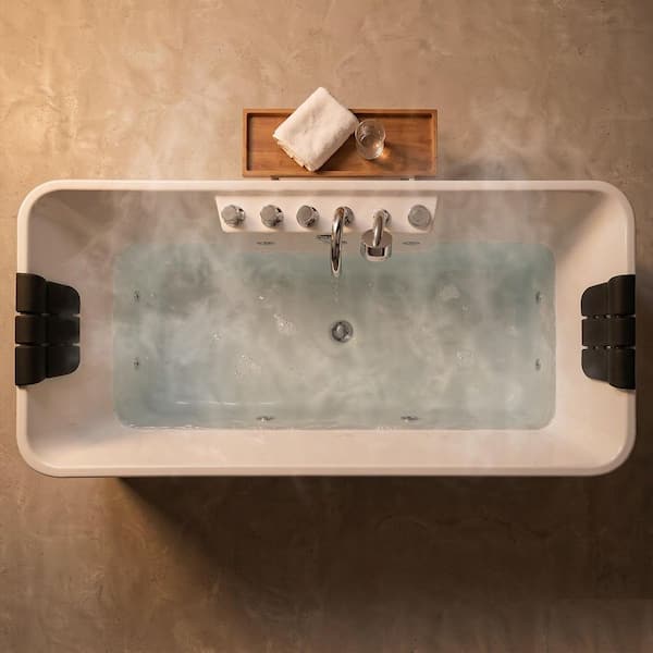 Luxury 59 in. Center Drain Acrylic Freestanding Flatbottom Whirlpool Bathtub in White with Faucet
