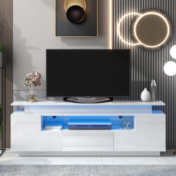 Magic Home 67 in. White Functional Entertainment Center TV Stand Cabinet with Color Changing LED Lights Fit For TV Up to 75 in.