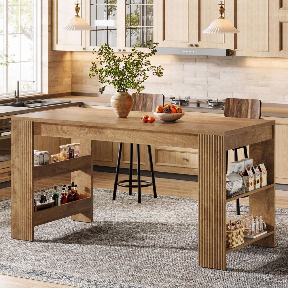 63 in. Long Brown Engineered Wood Sled Base Dining Table with Storage, Counter Height Bar Table (Seats 4)
