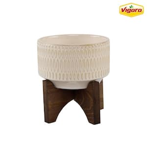 4.3 in. Gianna Small Ivory White Ceramic Pot (4.3 in. D x 4.75 in. H) with Stand