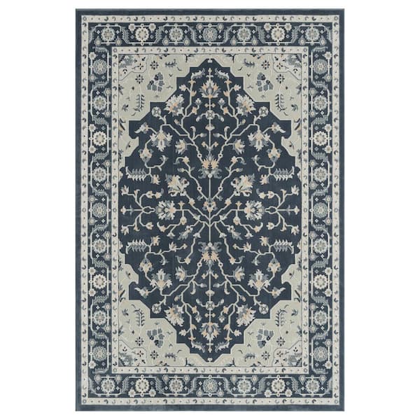 LR Home Imara Louis Navy Blue/Light Gray 5 ft. 3 in. x 7 ft. 6 in. Transitional Carved Border Polyester Area Rug