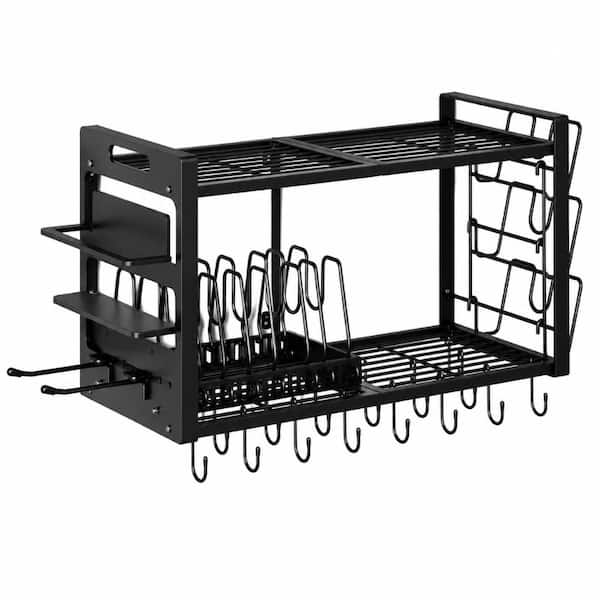Black Heavy Duty Wall Mount Pot Rack for Kitchen Cookware with 20 Hooks, 3 Lid Holders and 8 Adjustable Dividers