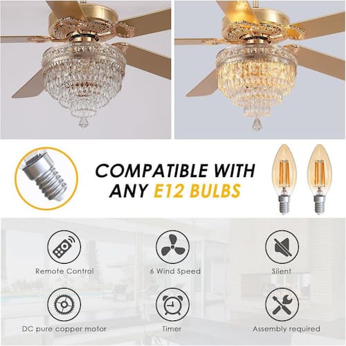 62 in. Indoor Crystal Chandelier Gold Ceiling Fan Fandelier with Lights and Remote Control Ceiling Fans With Lights