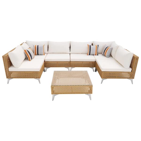 Tenleaf 7-Piece Wicker Outdoor Sofa Sectional Set with Beige Cushions