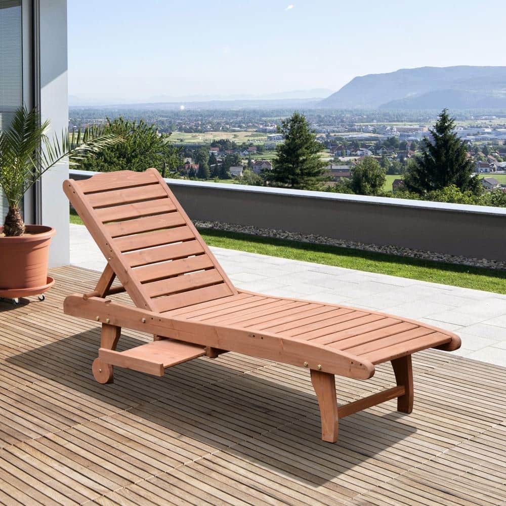 Red Wood Look Outdoor Chaise Lounge with Pull-Out Tray