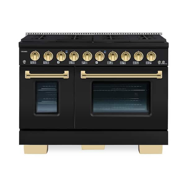 Hallman BOLD 48 in. TTL 6.7 CuFt. 8 Burner Freestanding Dual Fuel Range-Gas Stove Electric Oven, Matte Graphite with Brass Trim