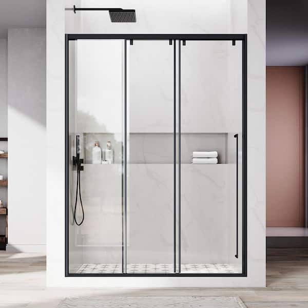 UKS13-R 56 to 60 in. W x 66 in. H Triple Bypass Sliding Semi-Frameless Shower Door in Matte Black, 5/16 in. Clear Glass