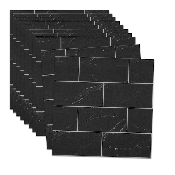 12 in. x 12 in. Black Peel and Stick Wall Tile 10-Pieces Vinyl Floor Tiles Removable Decorative Wall Tiles (10 sq. ft.)