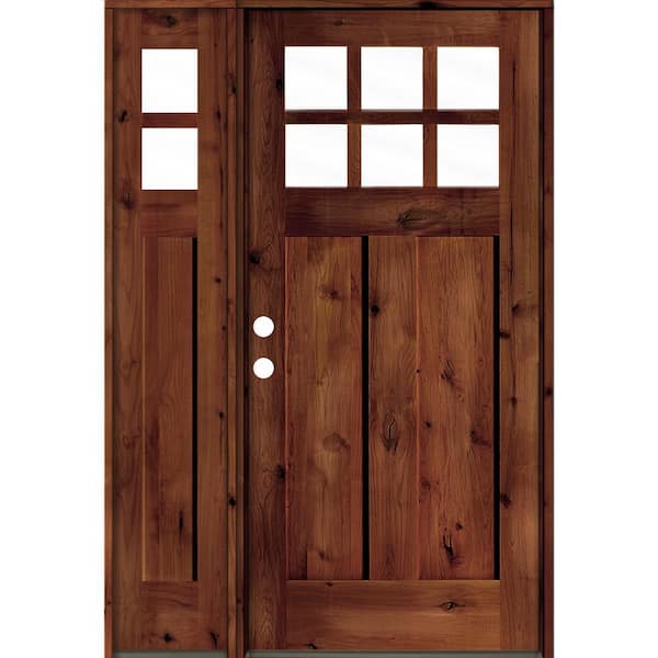 Krosswood Doors 46 in. x 80 in. Knotty Alder Right-Hand/Inswing 6-Lite Clear Glass Sidelite Red Chestnut Stain Wood Prehung Front Door