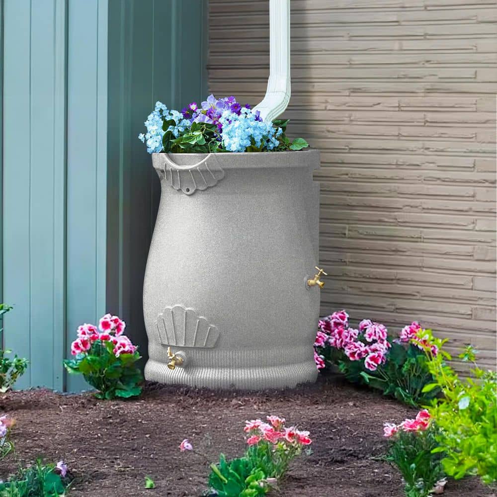 Light Granite 50 Gallon Plastic Rain Barrel with Planter